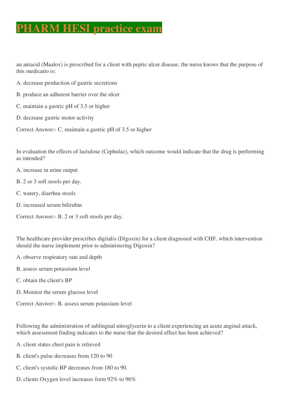 Preview image of PHARM HESI practice exam document